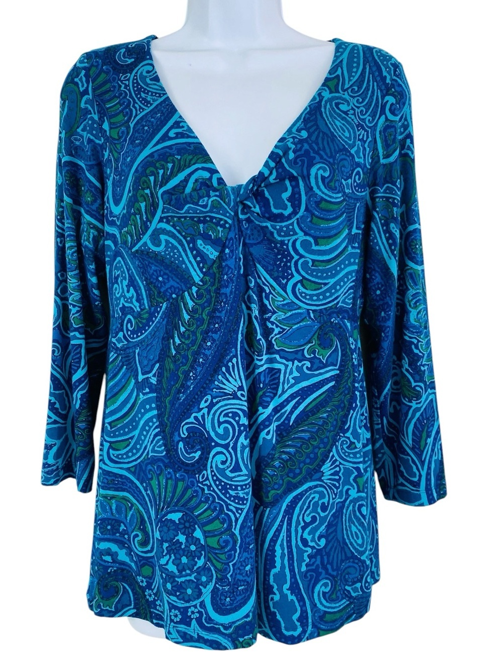 Tommy Bahama Blue Paisley V Neck 3/4 Sleeve Stretch Knit Top Size M